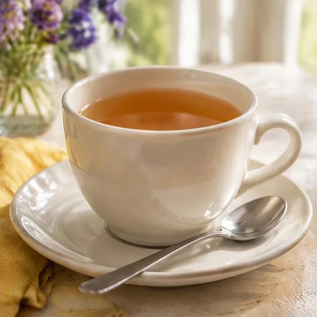 Tasse Tee mit Teelöffel auf einem hellen Frühstückstisch
