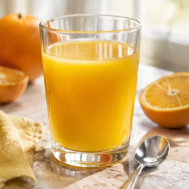 Orangensaft in einem klaren Glas mit Teelöffel