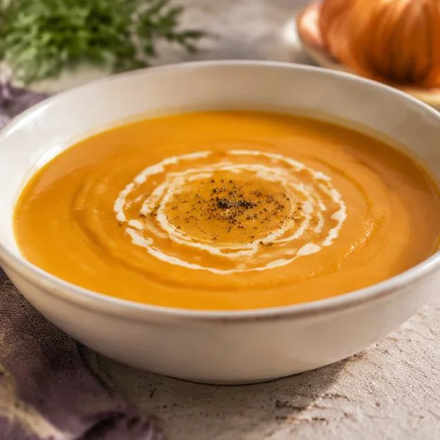 Cremige Kürbissuppe in einem hellen tiefen Teller