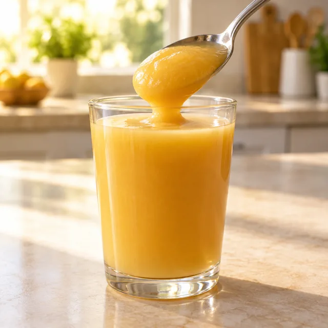 Löffel hält breiartig angedickten Saft, der seine Form hält, über einem Glas