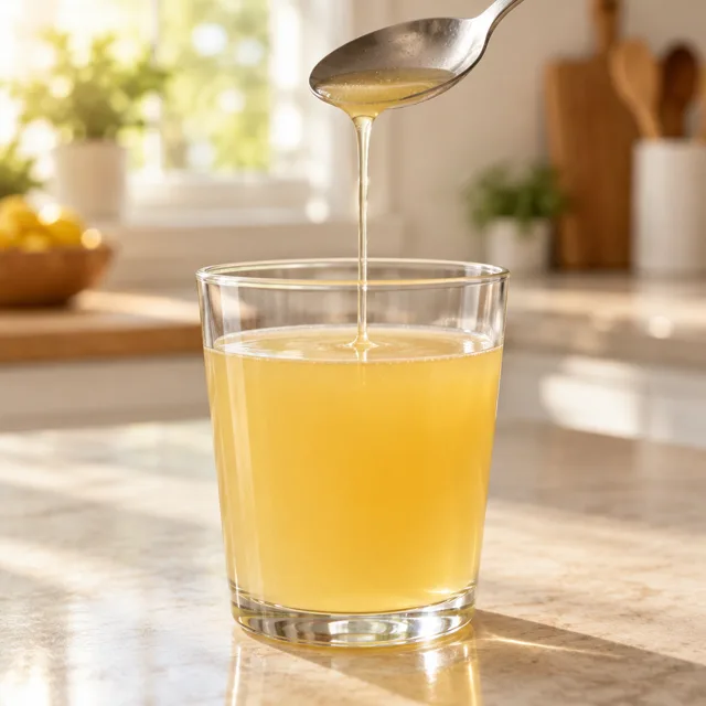 Löffel lässt dünnflüssige, schnell laufende Flüssigkeit in ein Glas Saft zurücklaufen