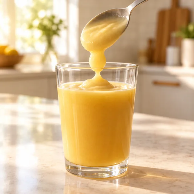 Löffel lässt joghurtartig angedickten Saft in langsamen Portionen in ein Glas gleiten