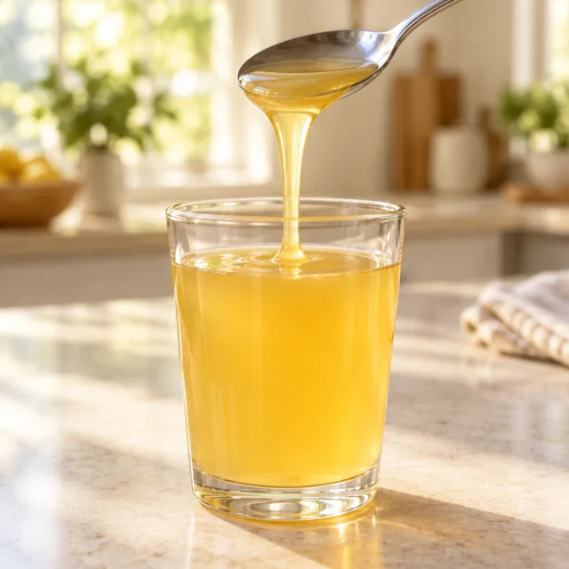 Löffel gießt nektarartig angedickten Saft in einem glänzenden Band in ein Glas