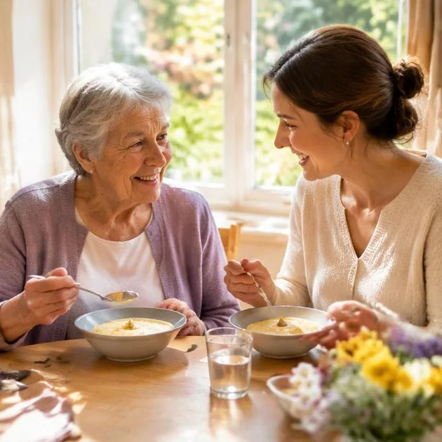 Ältere Frau und Angehörige essen entspannt gemeinsam am hellen Esstisch