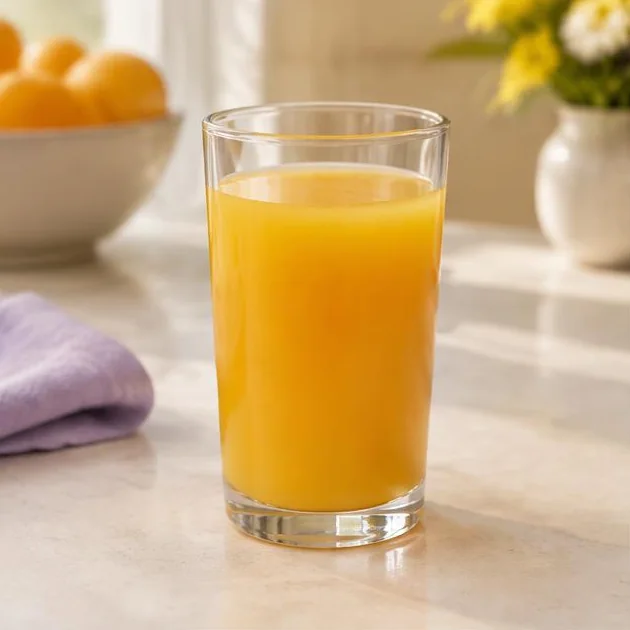 Klares Glas mit Orangensaft auf einer hellen Küchenarbeitsfläche