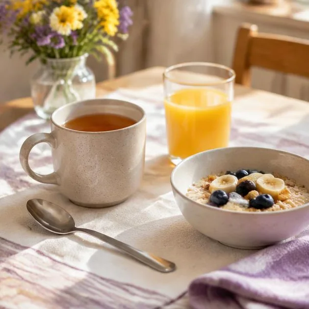 Ruhiger Frühstückstisch mit Tee, Saft und einer Schale