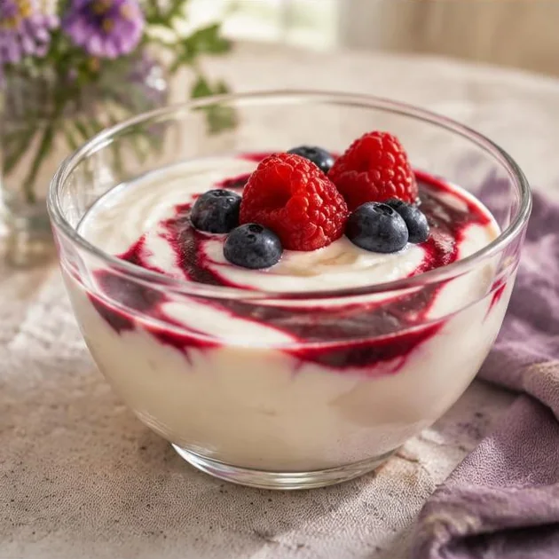Joghurt-Dessert mit Beerensauce in einer Glasschale
