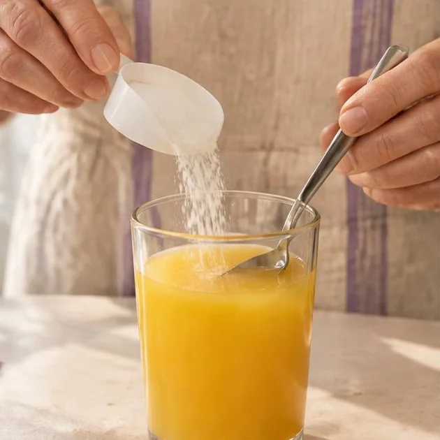 Hände lassen Pulver aus einem Messlöffel in Orangensaft einrieseln und rühren mit einem Löffel