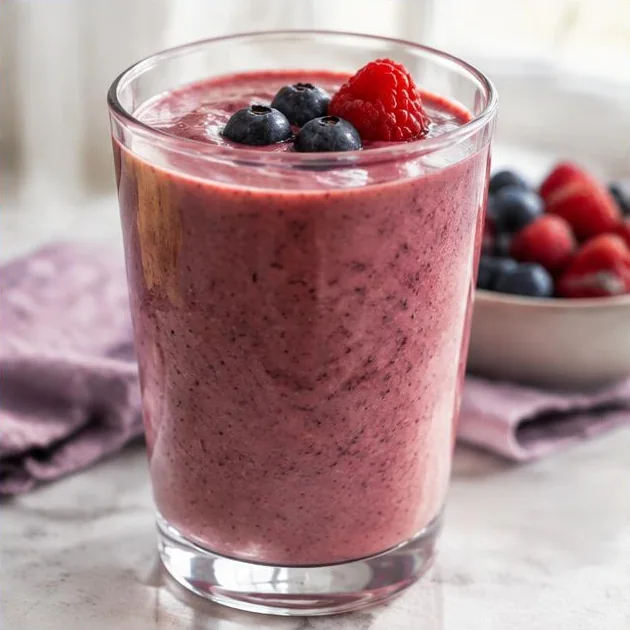 Beerensmoothie in einem klaren Glas auf violettem Leinentuch