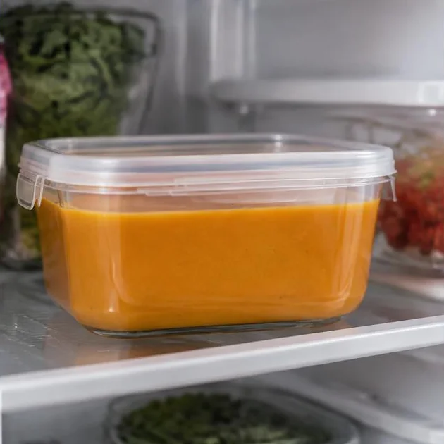 Suppe in einem neutralen verschlossenen Vorratsbehälter im Kühlschrank