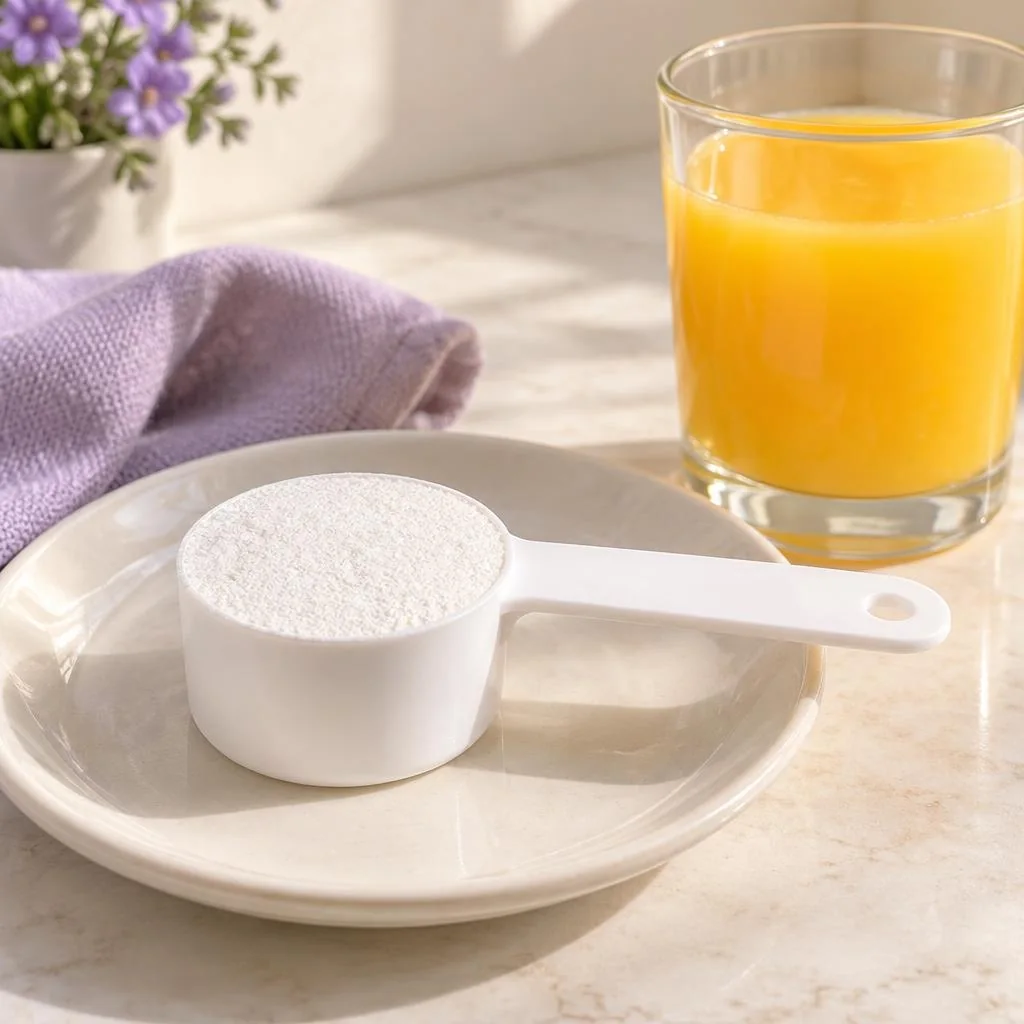 Gestrichener weißer Messlöffel mit Pulver neben einem Glas Orangensaft