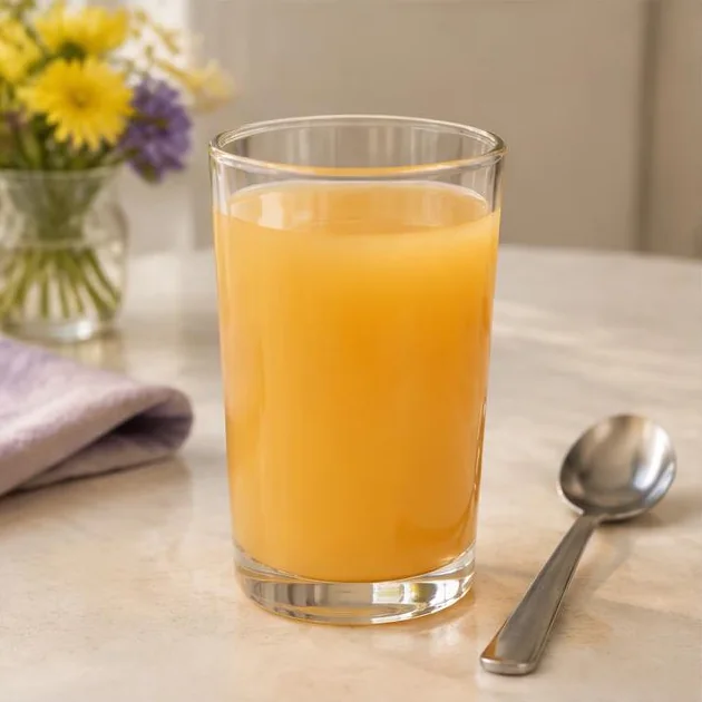 Fertig zubereitetes orangefarbenes Getränk mit Löffel auf dem Tisch